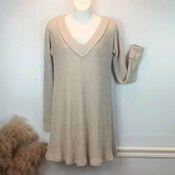 Altar'd State | Dresses | Altard Statewomens Ribbed Knit Beigecream  Longsleeve V Neck Dress Sizesmall | Poshmark